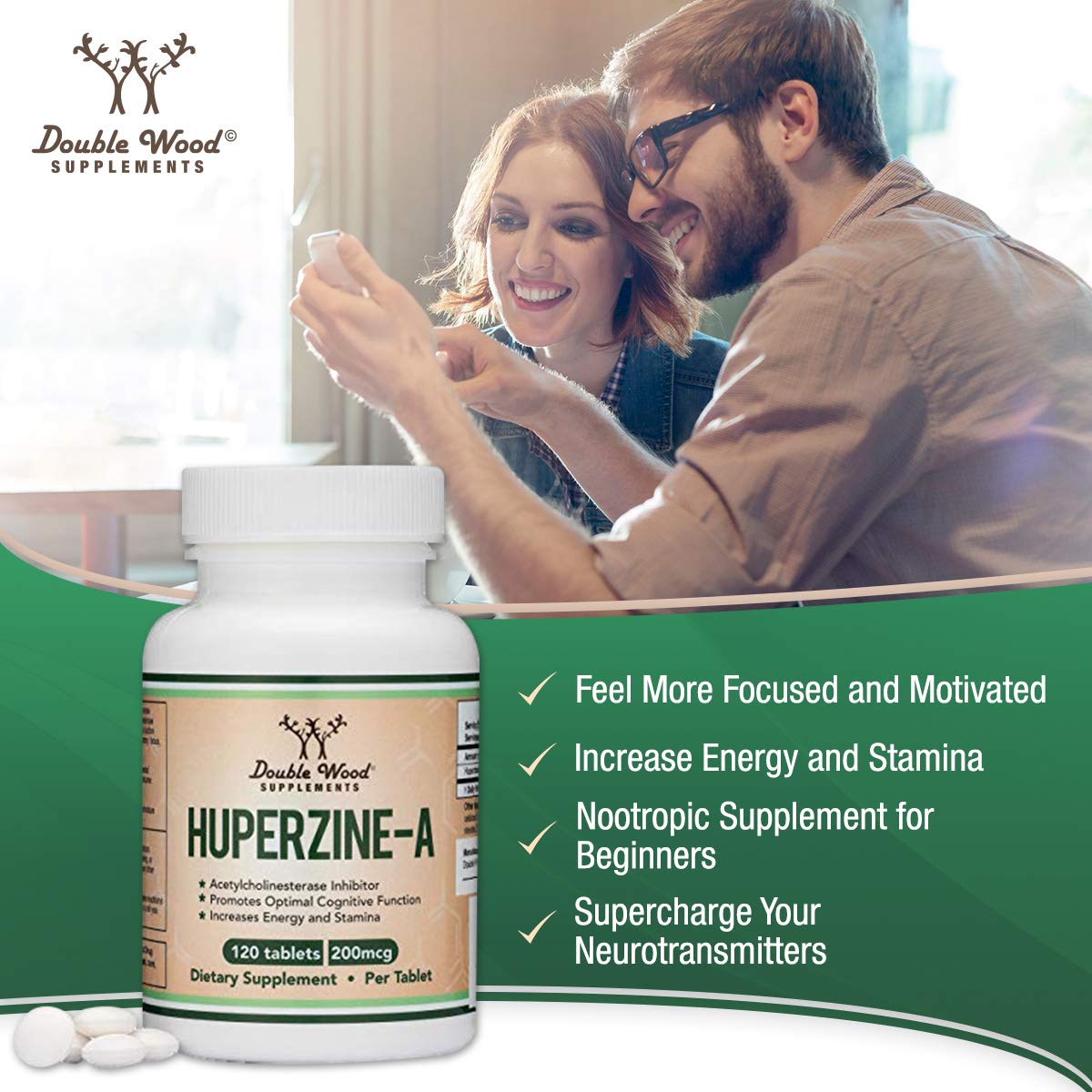 Huperzine A 200mcg (Third Party Tested) 120 Tablets, Brain Supplement to Promote Acetylcholine (Acetylcholinesterase Inhibitor) - Supports Memory and Focus by Double Wood