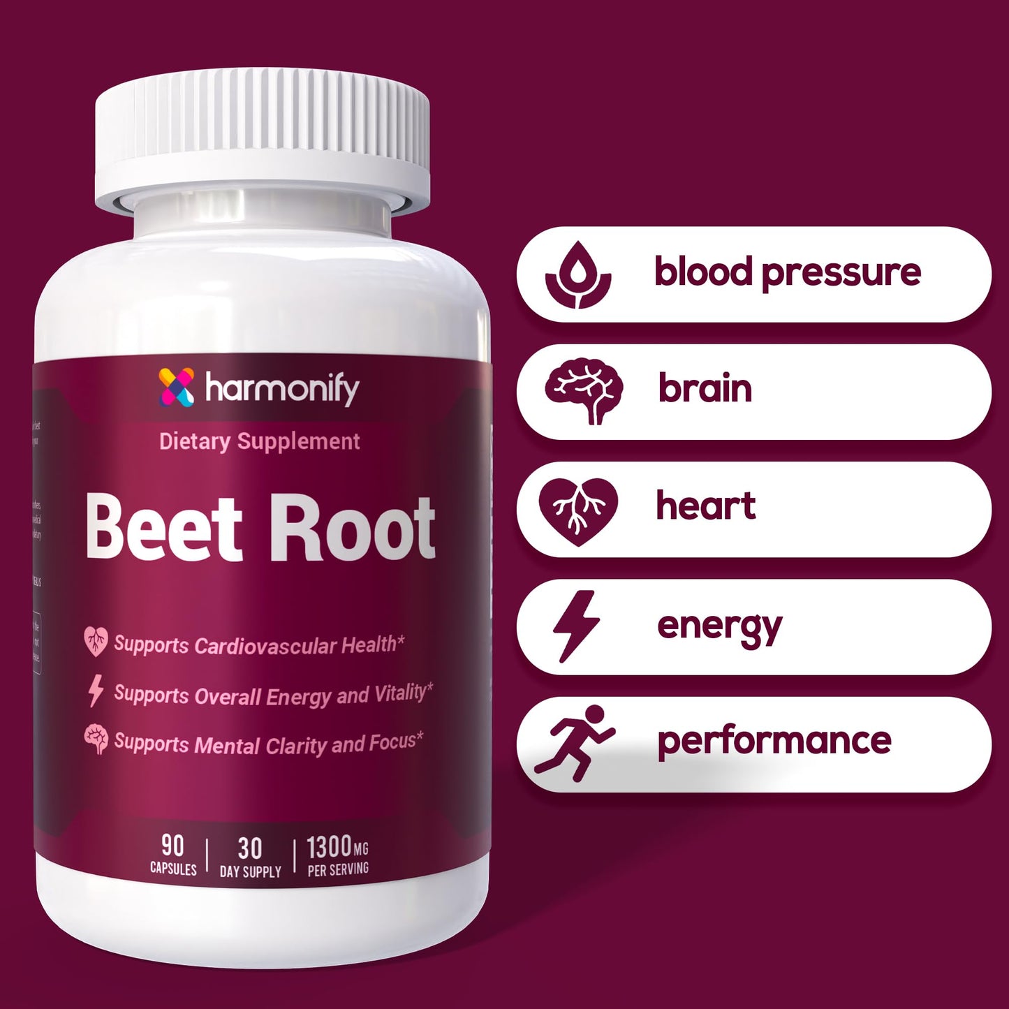 HARMONIFY Beet Root Capsules, Pure Beetroot Powder 1300 mg, Circulation Support Supplement, Vegan, Non-GMO, Gluten-Free – 90 Vegetable Capsules