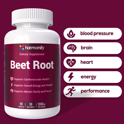 HARMONIFY Beet Root Capsules, Pure Beetroot Powder 1300 mg, Circulation Support Supplement, Vegan, Non-GMO, Gluten-Free – 90 Vegetable Capsules