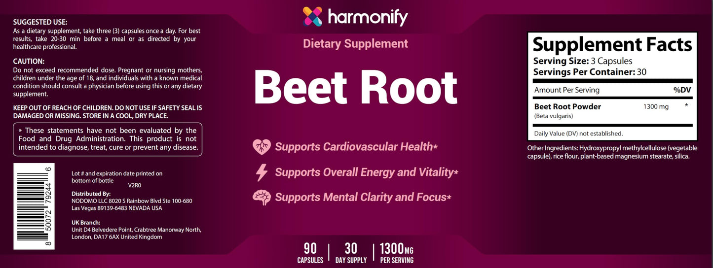 HARMONIFY Beet Root Capsules, Pure Beetroot Powder 1300 mg, Circulation Support Supplement, Vegan, Non-GMO, Gluten-Free – 90 Vegetable Capsules