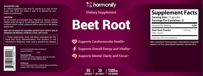 HARMONIFY Beet Root Capsules, Pure Beetroot Powder 1300 mg, Circulation Support Supplement, Vegan, Non-GMO, Gluten-Free – 90 Vegetable Capsules
