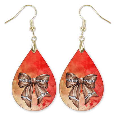 Football Dangle Earrings Coquette Bow Teardrop Hypoallergenic Stainless Steel Double-Sided Design Red and Gold Handmade by The Painted Pug