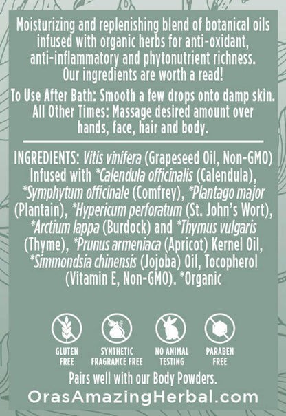 Ora's Amazing Herbal Unscented Body Oil, Fragrance Free Massage Oil with Pump, Moisturizing Body Oils for Men and Women, Herbal Infused Grapeseed Jojoba & Apricot with Calendula, 7.5 Fl Oz