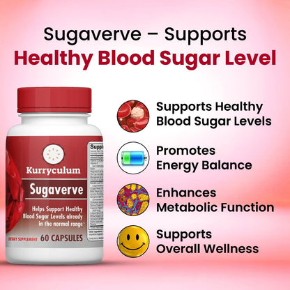 Kurryculum Sugaverve Supplement–Supports Healthy Levels Already Within Normal Range – Includes Bitter Melon Extract, Vanadium, Chromium, Cinnamon, & Alpha Lipoic Acid-60 Capsules