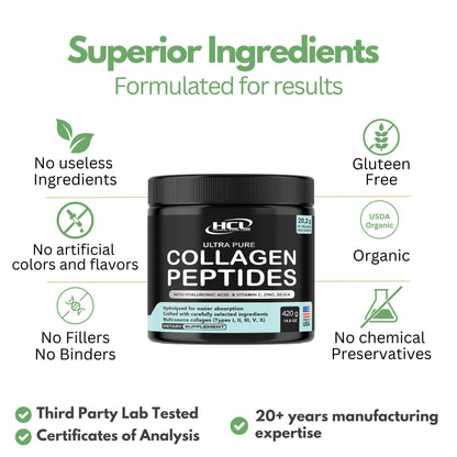 Collagen Peptides Powder with Vitamin C & Hyaluronic Acid - from Organic Cleanest Sources & Super High Absorption - Hydrolyzed Multi Type I, II, III, V, X - Skin Hair Supplement Made in USA