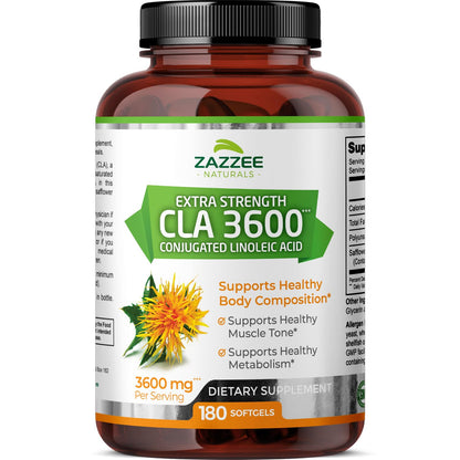 Zazzee High Potency CLA 3600, 180 Softgels, 3600 mg per Serving, Conjugated Linoleic Acid from Safflower Oil, Concentrated and Standardized, 60 Day Supply, Non-GMO and Made in The USA