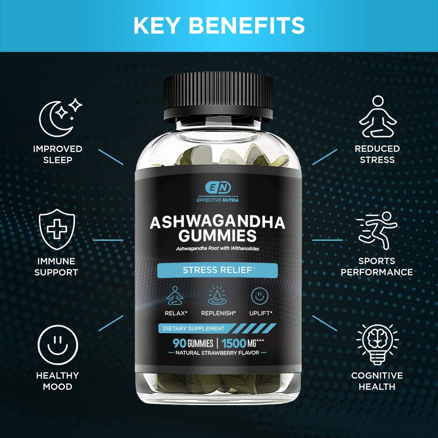 EFFECTIVE NUTRA Ashwagandha Gummies 1500mg | Stress Relief, Immune Support, Calm Mood, Energy | Natural Berry Flavor | 45-Day Supply | Vegan, Gluten-Free, Non-GMO | Supplement for Men & Women (90ct)