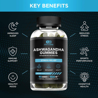 EFFECTIVE NUTRA Ashwagandha Gummies 1500mg | Stress Relief, Immune Support, Calm Mood, Energy | Natural Berry Flavor | 45-Day Supply | Vegan, Gluten-Free, Non-GMO | Supplement for Men & Women (90ct)