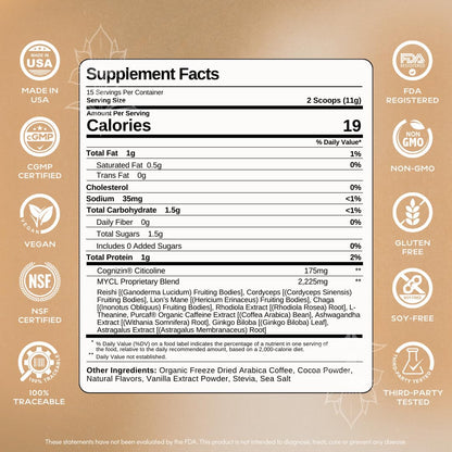 MYCL Cognizin Mocha Latte Mushroom Coffee - 175mg Cognizin Citicoline + 2,100mg Fruiting Body – Reishi, Lion’s Mane, Cordyceps & Chaga - Focus, Memory & Energy - Organic, Vegan - 15 Servings