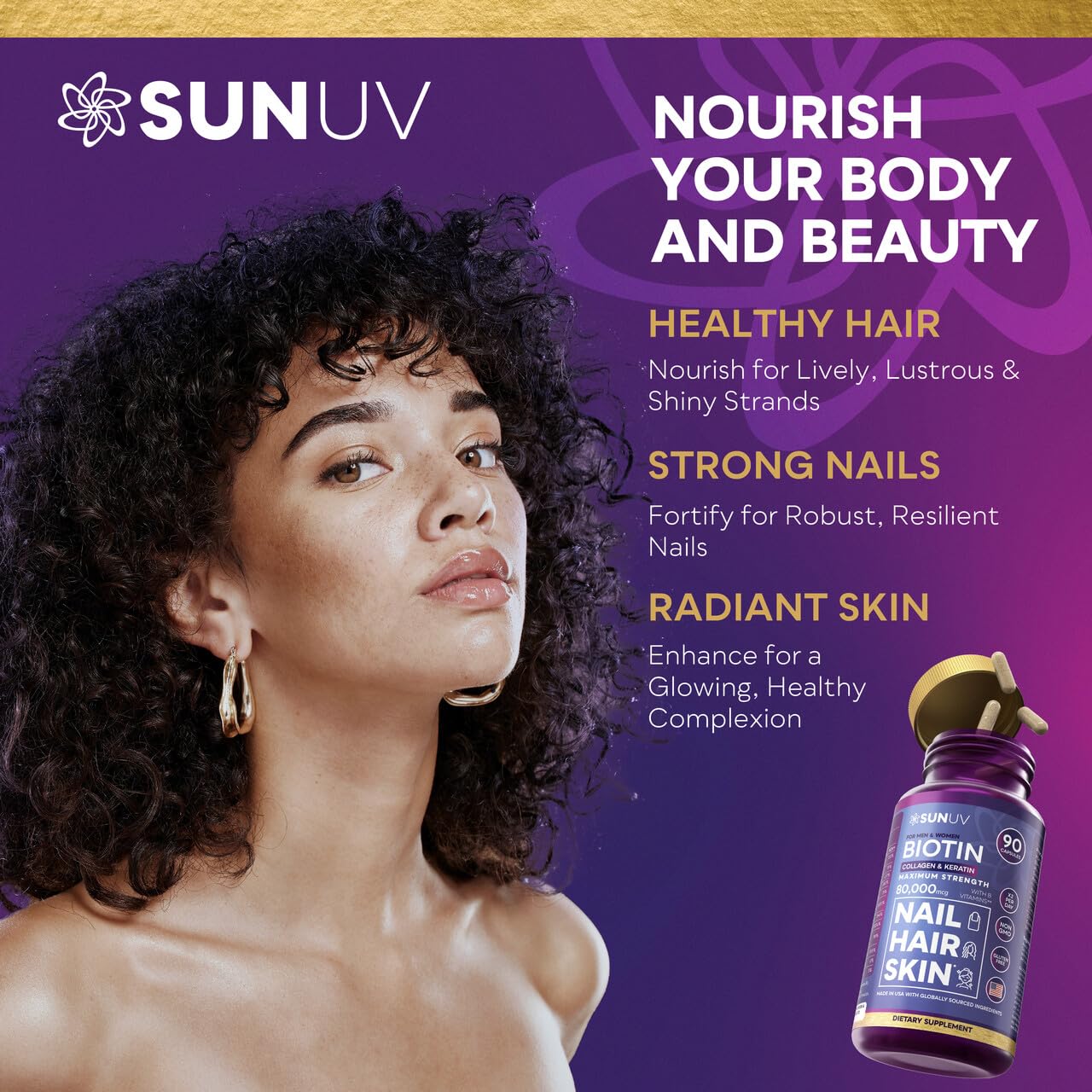 SUNUV Biotin 10,000mcg | Collagen | Keratin - 80,000mcg Hair Growth Vitamins for Women & Men,Skin & Nails Support - Hyaluronic Acid & Vitamins B1,B2,B3,B5,B6,B9,B12 -Made in USA-90 Capsules