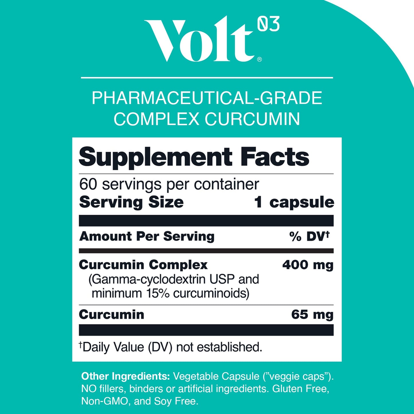 Volt03 Organic Turmeric Curcumin Capsules, 400mg Complex Curcurmin - Pharmaceutical-Grade Curcumin Supplement for Joint Health, Immune Support, & Healthy Inflammation Response, 60-day (2 month) supply