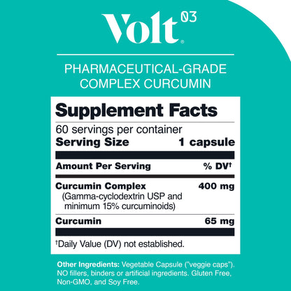 Volt03 Organic Turmeric Curcumin Capsules, 400mg Complex Curcurmin - Pharmaceutical-Grade Curcumin Supplement for Joint Health, Immune Support, & Healthy Inflammation Response, 60-day (2 month) supply