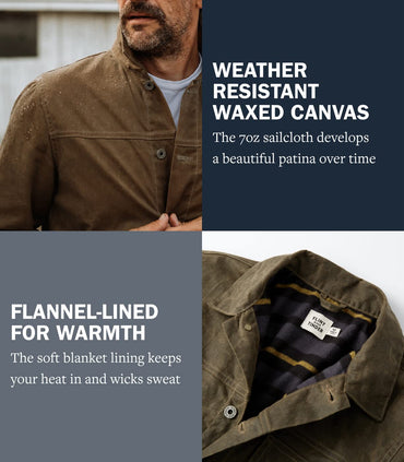 Huckberry Flint and Tinder Men's Flannel-Lined Waxed Trucker Jacket, Water & Weather Resistant Mens Jacket, Forest