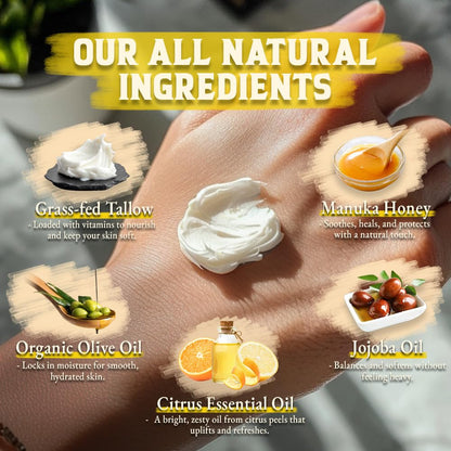 Organic Beef Tallow for Skin - 4 OZ (Citrus) — US-Made Grass Fed Beef Tallow for Face + Body — Whipped Tallow and Honey Balm Moisturizer for Dry and Sensitive Skin, Eczema, Rosacea (No Additives)