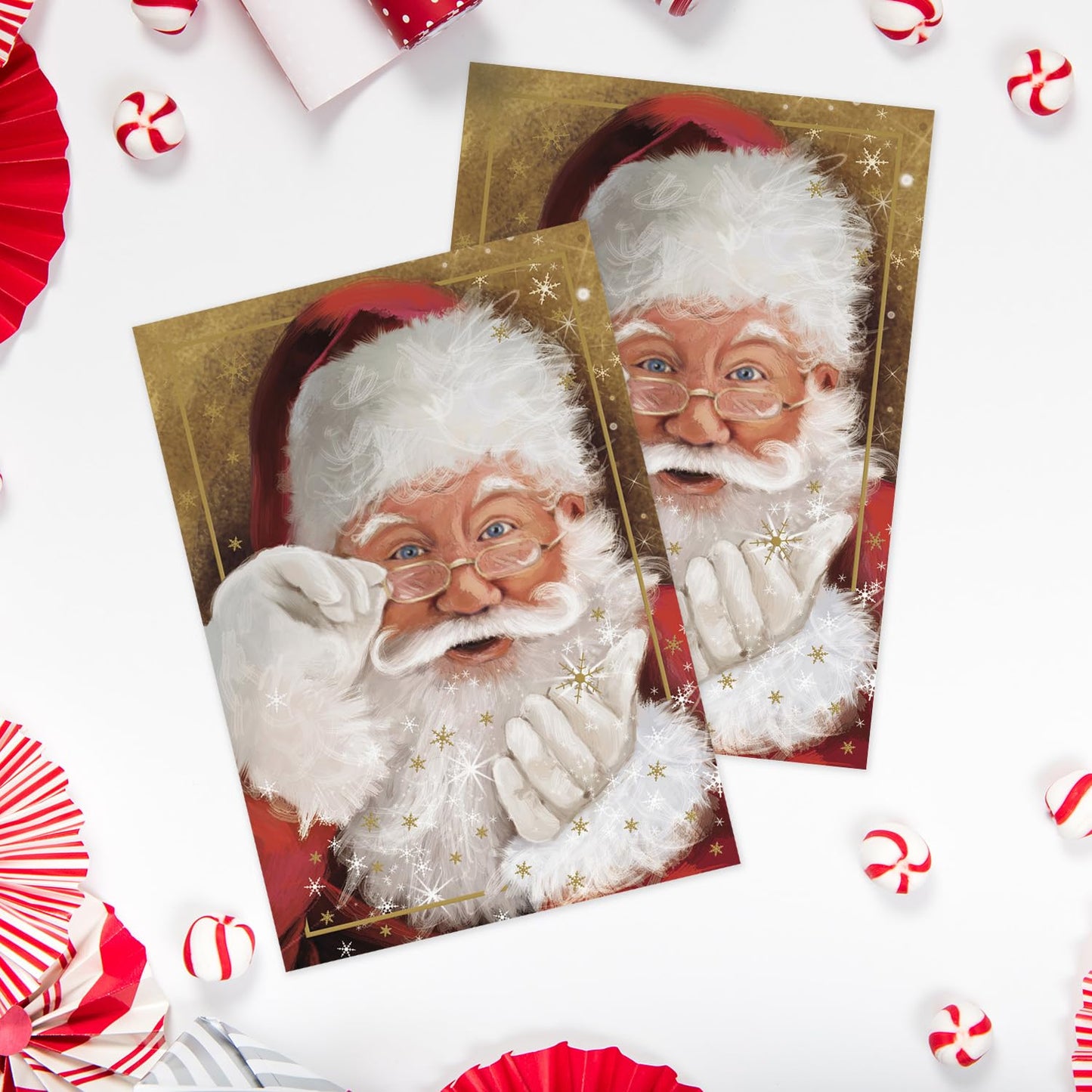 Canopy Street Masterpiece Sparkling Santa Christmas Cards / 16 Festive Holiday Cards Set With White Envelopes / 5 5/8" x 7 7/8" Winter Gold Foil Greeting Cards With Inside Verse/Made In The USA