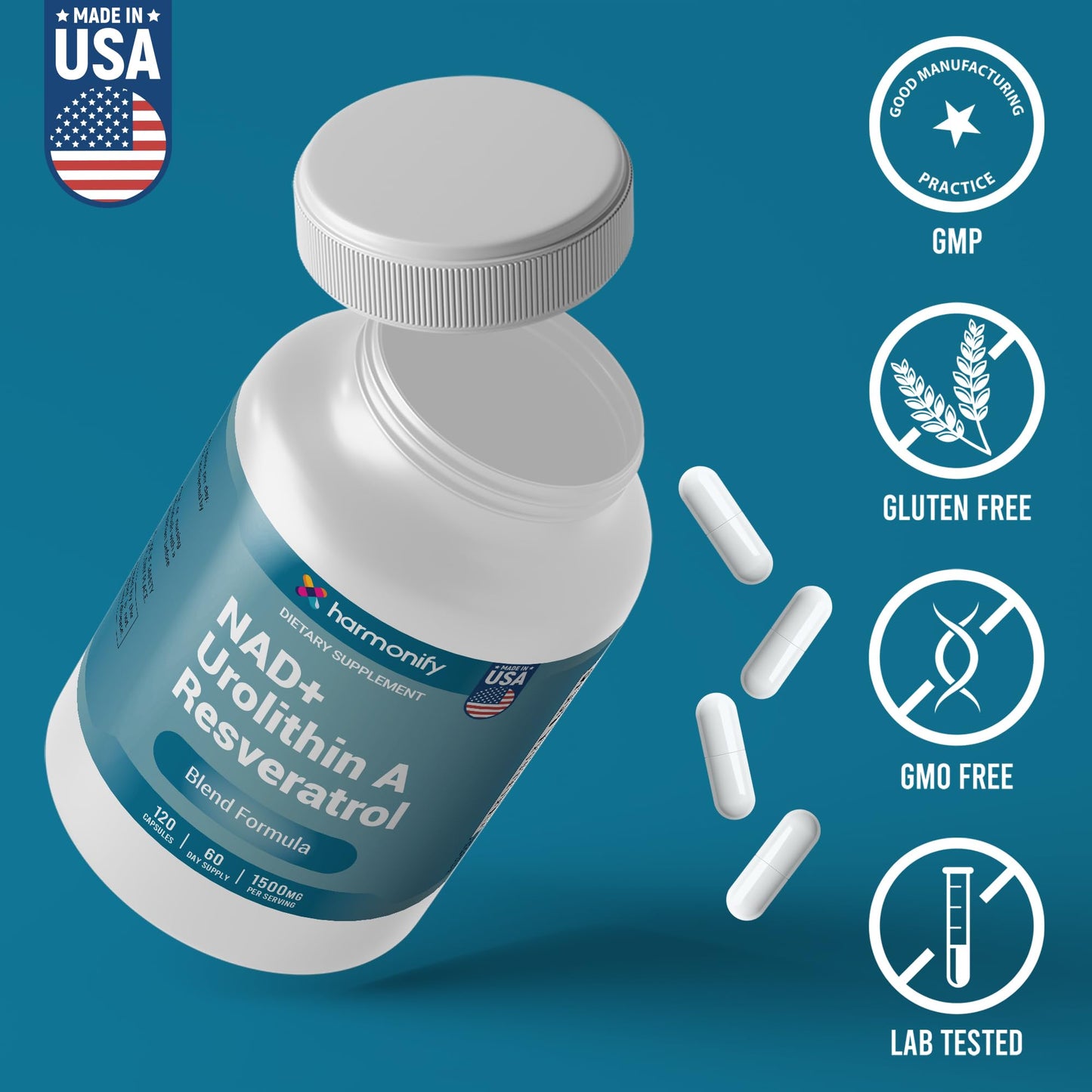 HARMONIFY NAD+ Nicotinamide Riboside Resveratrol with Urolithin A 1500mg, Advance Support Supplement, 120 Capsules 60-Day Supply, Proudly USA Company