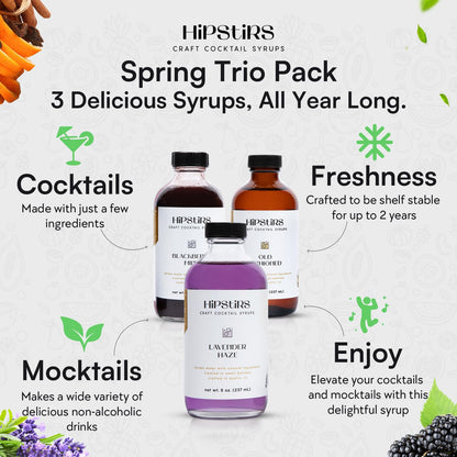 HipStirs Spring Cocktail Syrup Trio – Lavender Haze, Blackberry Mint & Old Fashioned (3 Pack, 8oz Bottles) | Craft Drink Mixers for Cocktails & Mocktails | Small Batch, Natural Ingredients