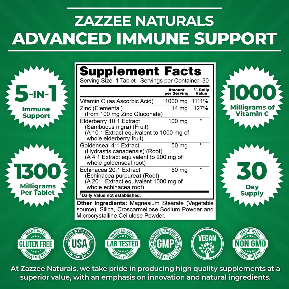 Zazzee Advanced Immune Support, 1300 mg per Tablet, 30 Vegan Tablets, 30 Day Supply, 1000 mg Vitamin C, 1000 mg Echinacea, 1000 mg Elderberry, 200 mg Goldenseal, Zinc, All-Natural and Non-GMO