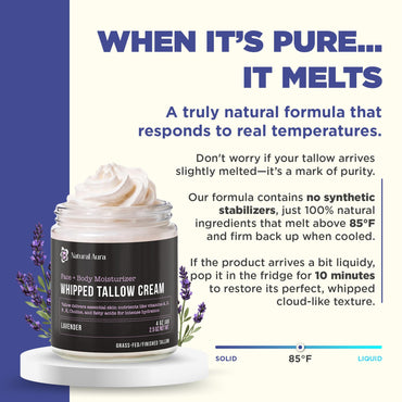 Whipped Beef Tallow for Skin - Face + Body Moisturizer, 100% Grass Fed Grass Finished Tallow and Honey Balm for Dry Skin - Natural Lotion - Free of Harsh Chemicals - 4oz, (Lavender)