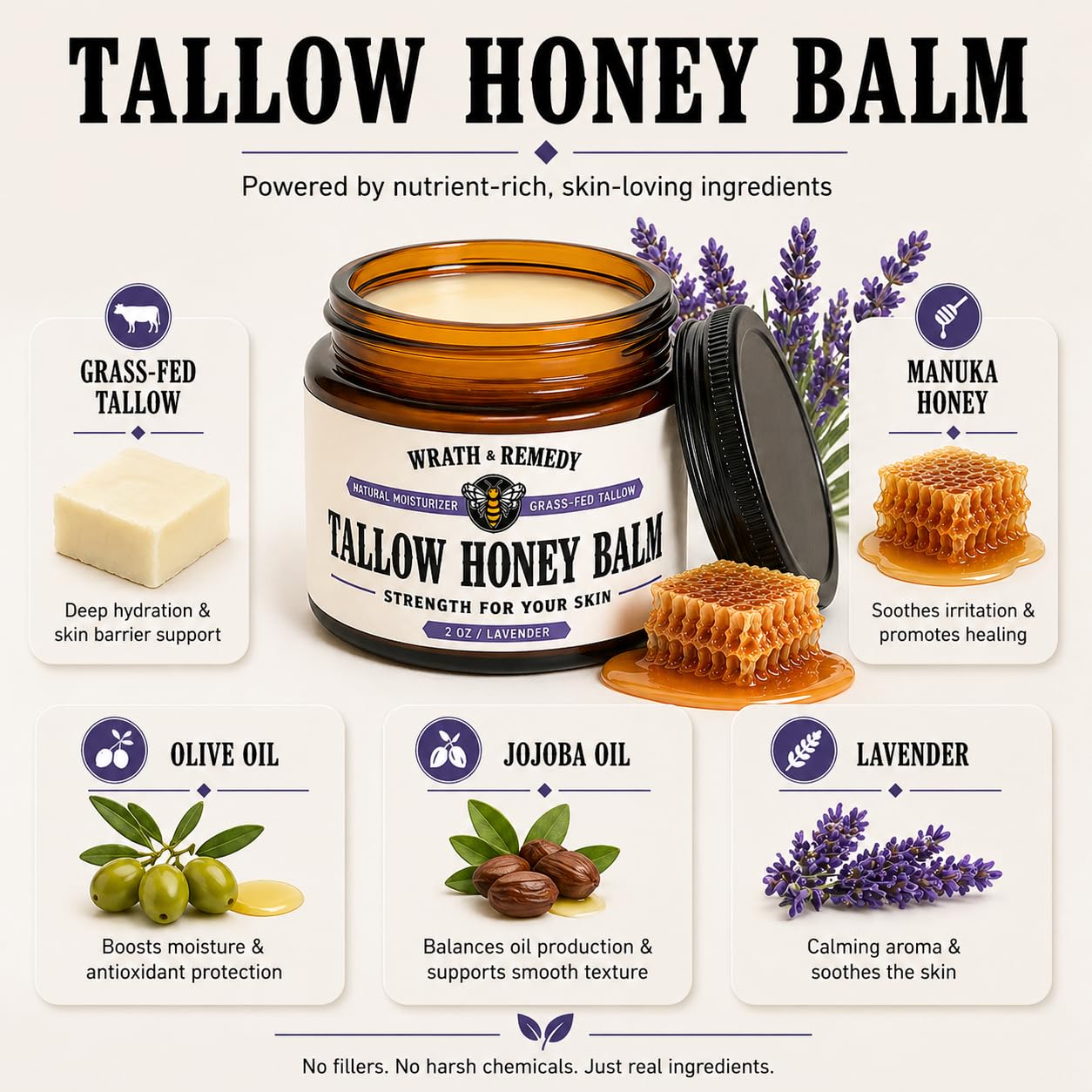 Organic Beef Tallow for Skin - 2OZ (Lavender, Concentrated) — US-Made Grass Fed Tallow and Honey Balm Moisturizer for Face, Hands & Body — Intensive Care for Dry Sensitive Skin, Eczema (No Additives)