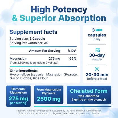High Potency 2500mg Magnesium Glycinate Supplement for Men and Women, Chelated for High Absorption Pure Elemental Magnesio Complex - Support Sleep, Nerve & Muscle Health, Made in USA - 1 Month Supply