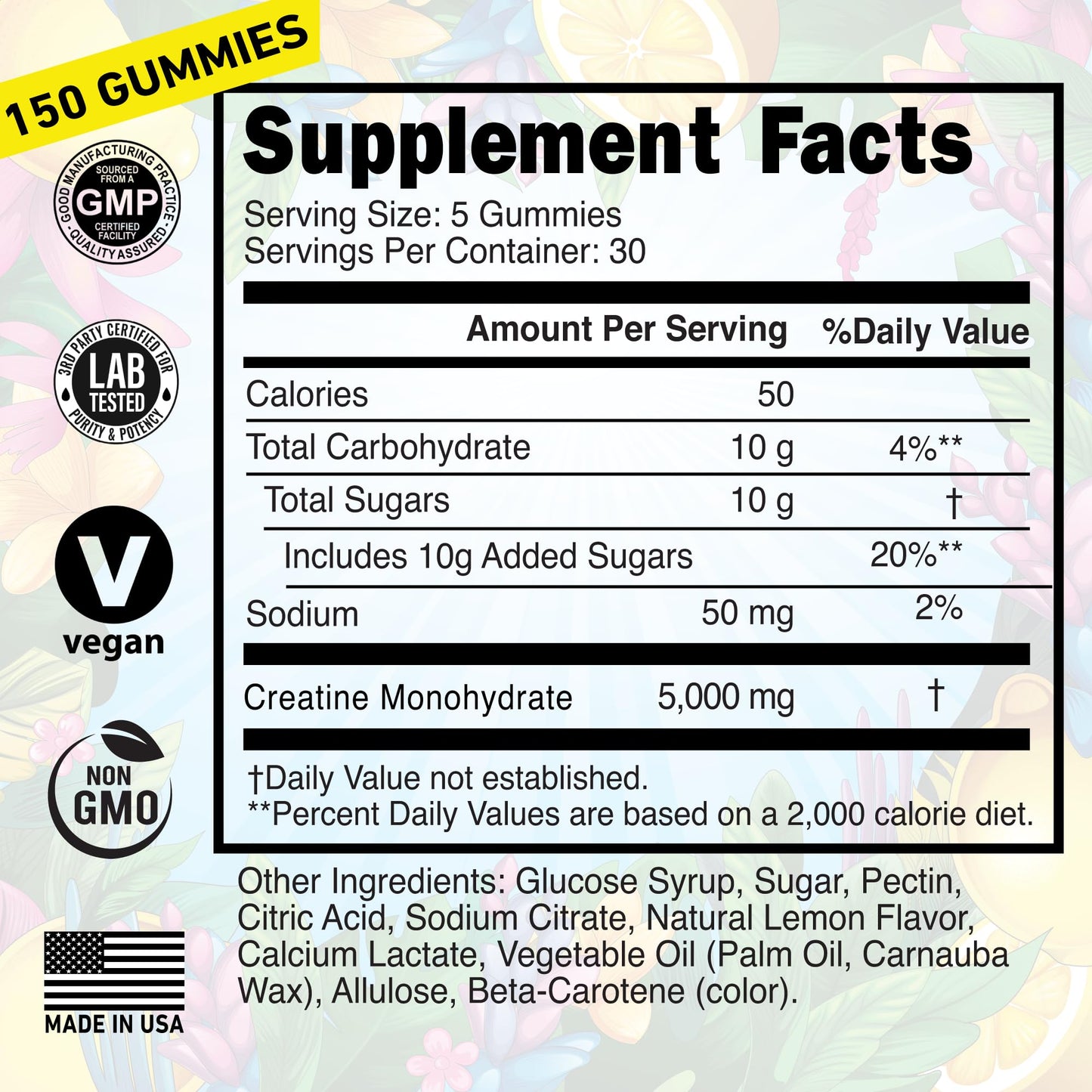 WILD GAINZ Creatine Monohydrate Gummies 5g - Made in USA - Pre Workout Creatine Chews for Women & Men, Vegan Creatine Gummy Candy, Chewable Nutritional Supplements, NSF Certified (Lemon, 150 Count)