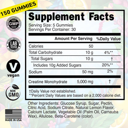 WILD GAINZ Creatine Monohydrate Gummies 5g - Made in USA - Pre Workout Creatine Chews for Women & Men, Vegan Creatine Gummy Candy, Chewable Nutritional Supplements, NSF Certified (Lemon, 150 Count)