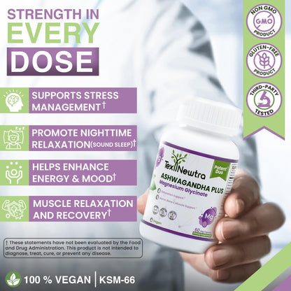TEX NEWTRA Ashwagandha Vegan Root Extract (5% Withanolides) & Magnesium Glycinate Supplement – Non-GMO, Gluten-Free, Allergen Free and Lactose Free – 60 Capsules