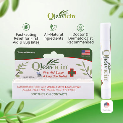 Oleavicin First Aid Spray & Bug Bite Relief - 1 Pack – Organic Olive Leaf Extract | Fast-Acting Relief for Minor Skin Irritations, Bug Bites & Burns | Natural & Clinically Proven | 0.17 oz (5ml)