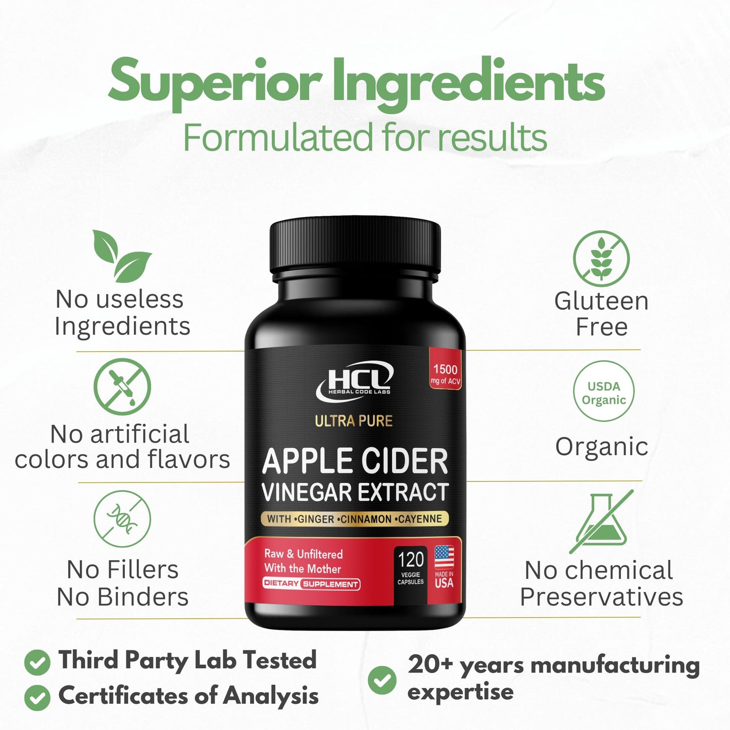 Organic Apple Cider Vinegar Capsules 1500 mg Extract with The Mother - Extra Strength Raw Apple Cider Pills w Ginger Cayenne Cinnamon - Natural Detox Potent Digestion Cleansing System ACV Supplement