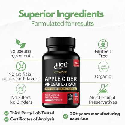 Organic Apple Cider Vinegar Capsules 1500 mg Extract with The Mother - Extra Strength Raw Apple Cider Pills w Ginger Cayenne Cinnamon - Natural Detox Potent Digestion Cleansing System ACV Supplement