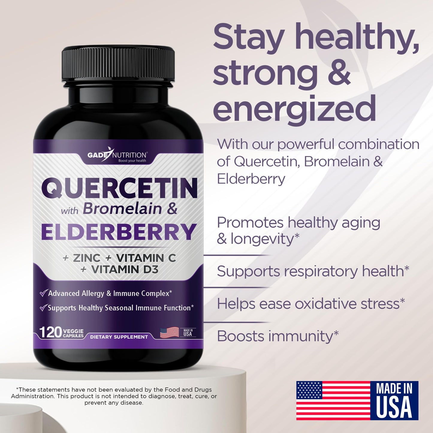 Gade Nutrition Quercetin with Bromelain & Elderberry | Quercetin with Vitamin C and Zinc | Zinc Quercetin 500mg with Vitamin D3 | Daily Immune Support Supplement - 2 Months Supply