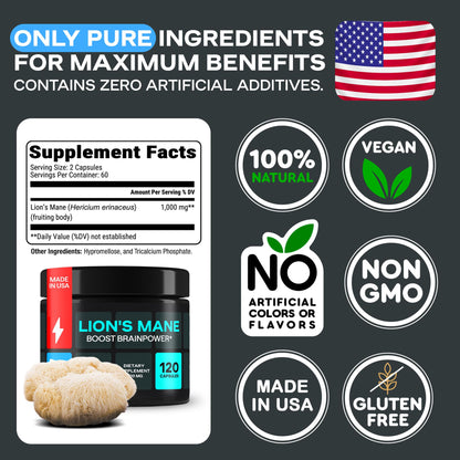 Lion’s Mane Supplement Capsules 1000mg – Nootropics Brain Support Supplement with Alpha GPC – Organic Mushroom Complex for Memory, Focus, Energy, Mood & Nerve Health – Melena de Leon Organico 120 Caps