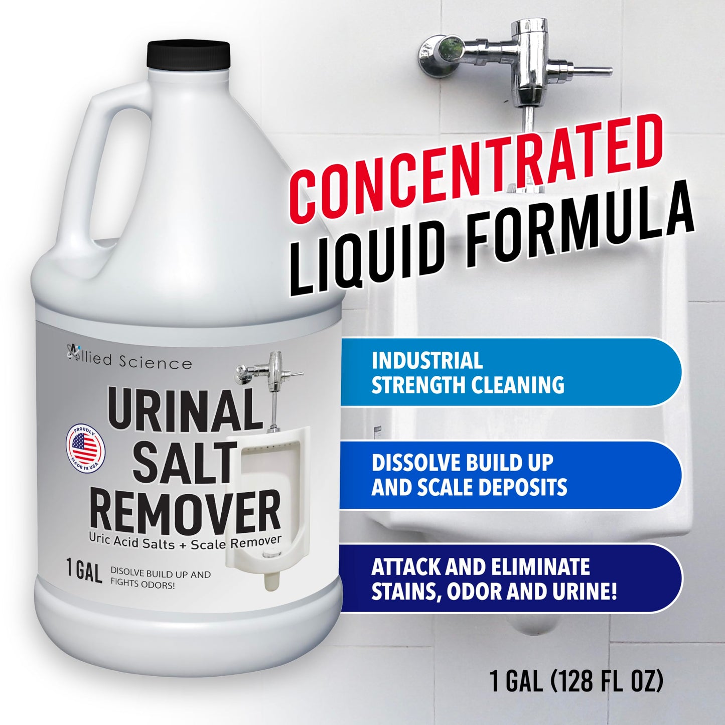 Allied Science Urinal Salt Remover - Uric Acid Salts Scale Remover Unclogs Urinals and Removes Uric Acid Odors - 1 Gallon / 128 fl oz