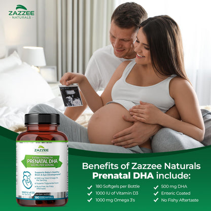 Zazzee Extra Strength Prenatal DHA 500 mg, 180 Enteric Coated Softgels, 1000 mg Omega 3’s, 1000 UI Vitamin D3, Burp Free, No Fishy Aftertaste, Superior Triglyceride Form, Purified Deep Sea Fish Oil