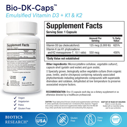 Biotics Research Bio-DK Caps™–Emulsified Vitamin D and K, Vitamin D3 125 mcg & Vitamin K (k1,k2) 550 mcg- MK7– Vitamin D3 K2 K1, Stronger Bones, Musculoskeletal Strength, Healthy Heart & BMI 60 Caps