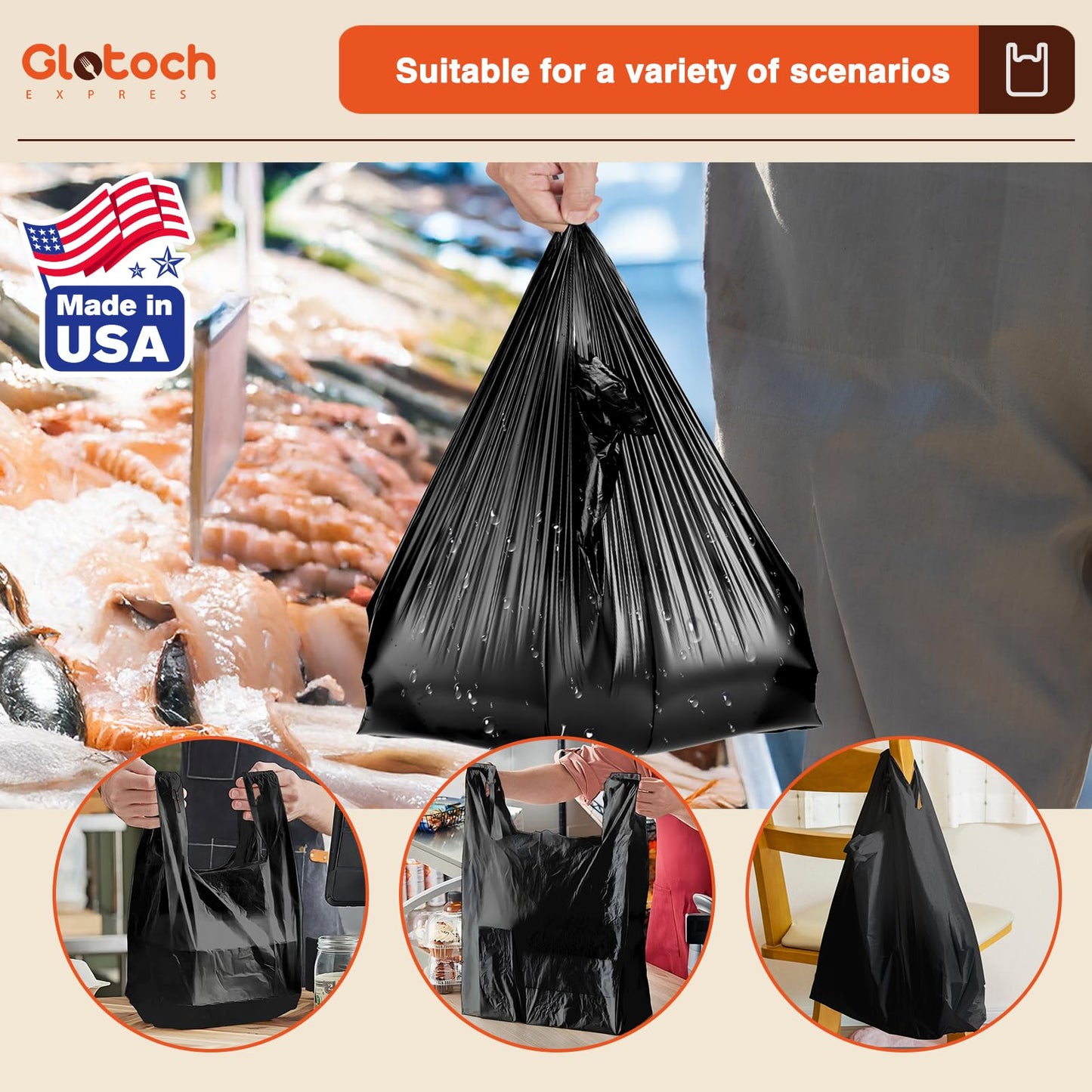 Glotoch 1000 Count Plastic T-shirt Bags Black, 11.5" x 6.5" x 21" Grocery Bags with Handles for Restaurant, Retail, Grocery Store, Takeout, Convenience Stores, Shopping Bag in Bulk