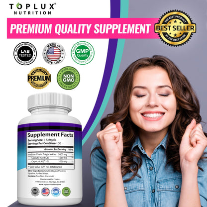 Toplux Keto MCT Oil Capsules - 3000mg Natural Pure Coconut Oil Extract Pills, Source of Energy, Easy to Digest for Men Women, 90 Softgels, Supplement