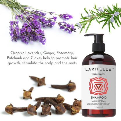 Laritelle Organic Shampoo 16 oz. Fortifying, Strengthening, Rejuvenating. Prevents Hair Shedding, Promotes New Hair Growth. Ayurvedic Herbs, Lavender, Ginger, Rosemary, Patchouli and Cloves. Vegan. GF