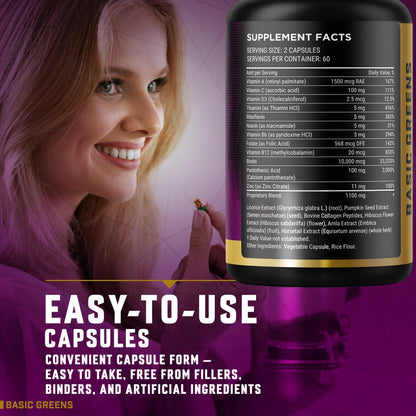 Hair, Skin & Nails Vitamins with Biotin 10000 mcg, Collagen, B-Complex & Botanicals – Supports Healthy Hair, Glowing Skin & Strong Nails – Non-GMO, Gluten-Free – Made in USA – 120 Capsules