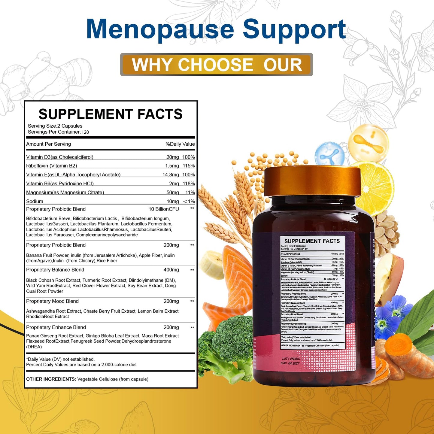 Vccvaa 40-in-1 Menopause Support for Women – Hormonal Balance, Hot Flash & Mood Relief – Black Cohosh, DIM, Maca, Red Clover, Probiotics, B6, D3 & More – Vegan, 120 Capsules
