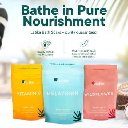 Latika Soaks Set of 3 - Wildflower, Melatonin, Vitamin C - Moisturizing Bath Soak with Epsom Salt & Essential Oils for Stress Relief, Muscle Recovery, & Relaxation - at-Home Spa