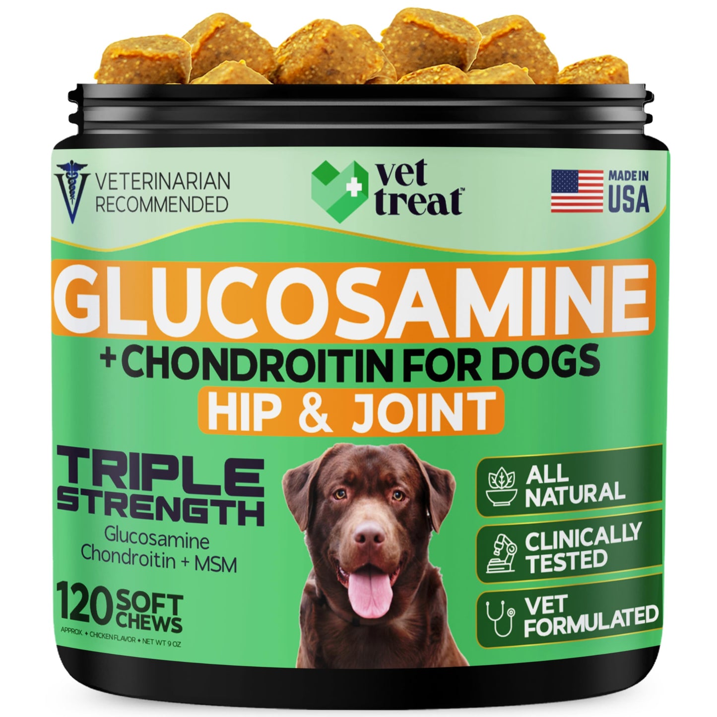 Glucosamine for Dogs – Hip & Joint Supplement with Chondroitin, MSM, Turmeric, Hemp Oil & Green Lipped Mussel – Arthritis Pain Relief, Mobility Support – Vet-Formulated, USA Made – 120 Chews