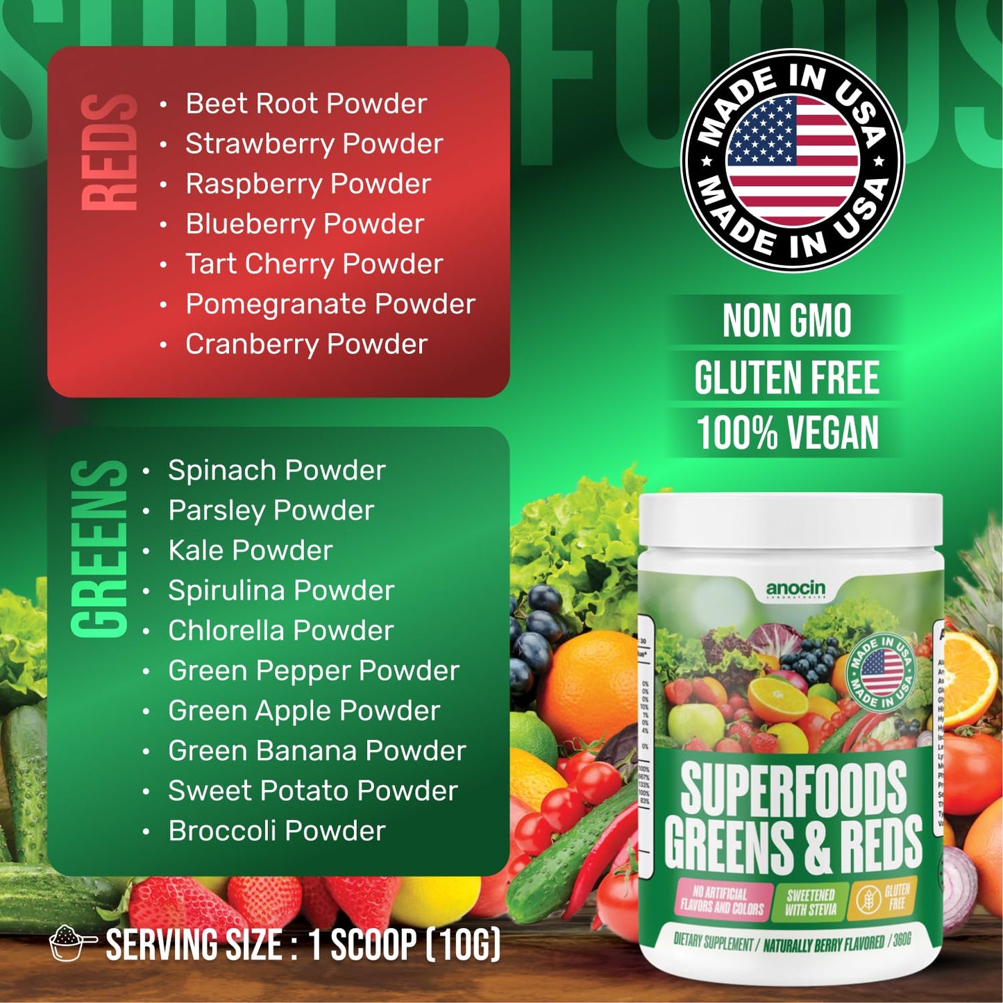 anocin Superfood Greens Powder, Digestive Enzymes with Probiotics + Prebiotics, Gut Health, Bloating Relief for Women, Chlorella, Green Juice Mix with Beet Root Powder