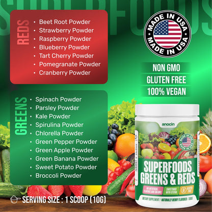 anocin Superfood Greens Powder, Digestive Enzymes with Probiotics + Prebiotics, Gut Health, Bloating Relief for Women, Chlorella, Green Juice Mix with Beet Root Powder