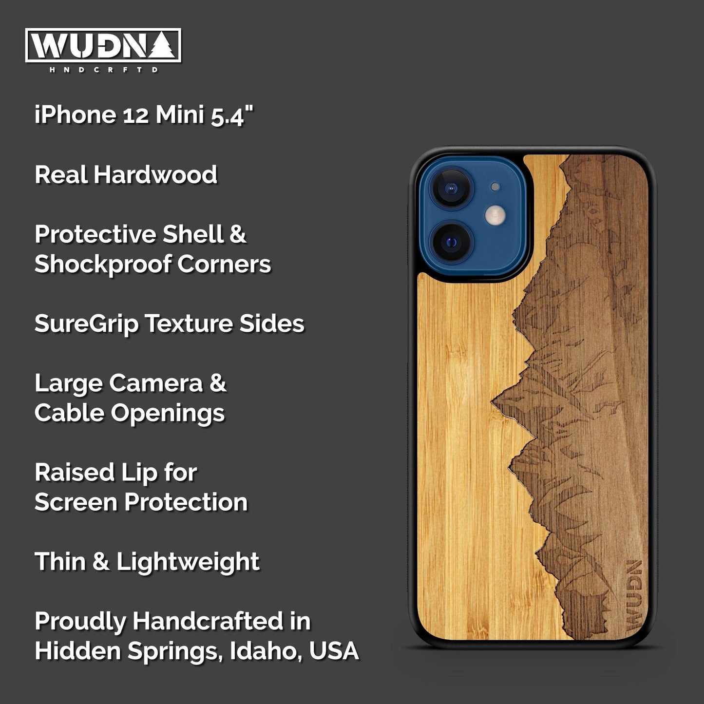 WUDN Slim Wooden Phone Case (Sawtooth Mountains | Bamboo Sky) Compatible with iPhone 12 Mini