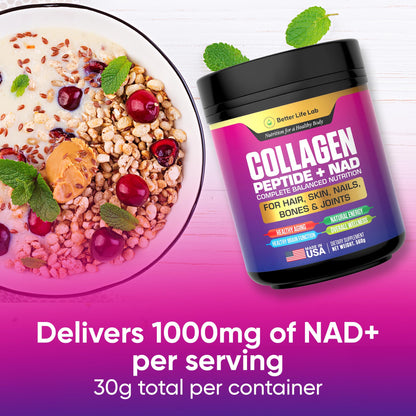 BETTER LIFE LAB Hydrolyzed Collagen Peptides with NAD – Supports Hair, Skin, Nails, Joints & Bones – Type I & III Collagen – Grass-Fed, Unflavored Powder