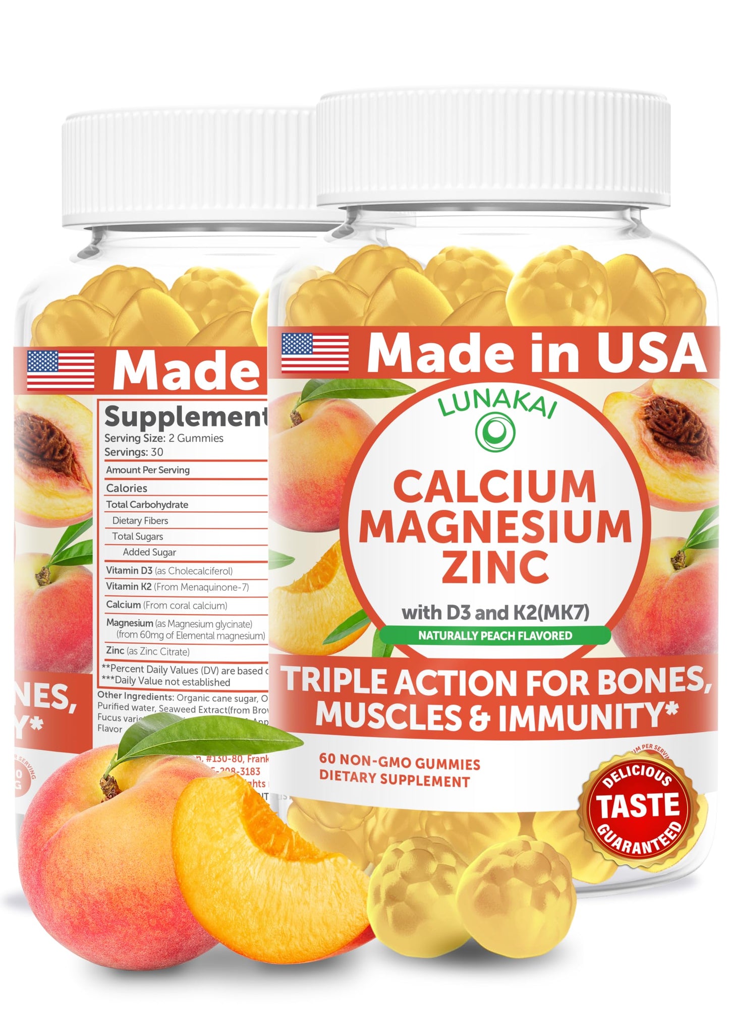 Lunakai USA Made Calcium Gummies with Magnesium, Zinc, Vitamin D3 & K2 for Women, Men & Kids – Delicious Calcium Magnesium Zinc D3 Supplement for Bone, Muscle & Immune Support, 60ct