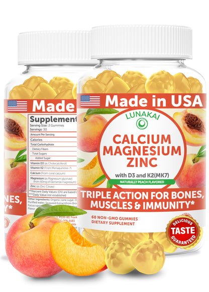 Lunakai USA Made Calcium Gummies with Magnesium, Zinc, Vitamin D3 & K2 for Women, Men & Kids – Delicious Calcium Magnesium Zinc D3 Supplement for Bone, Muscle & Immune Support, 60ct