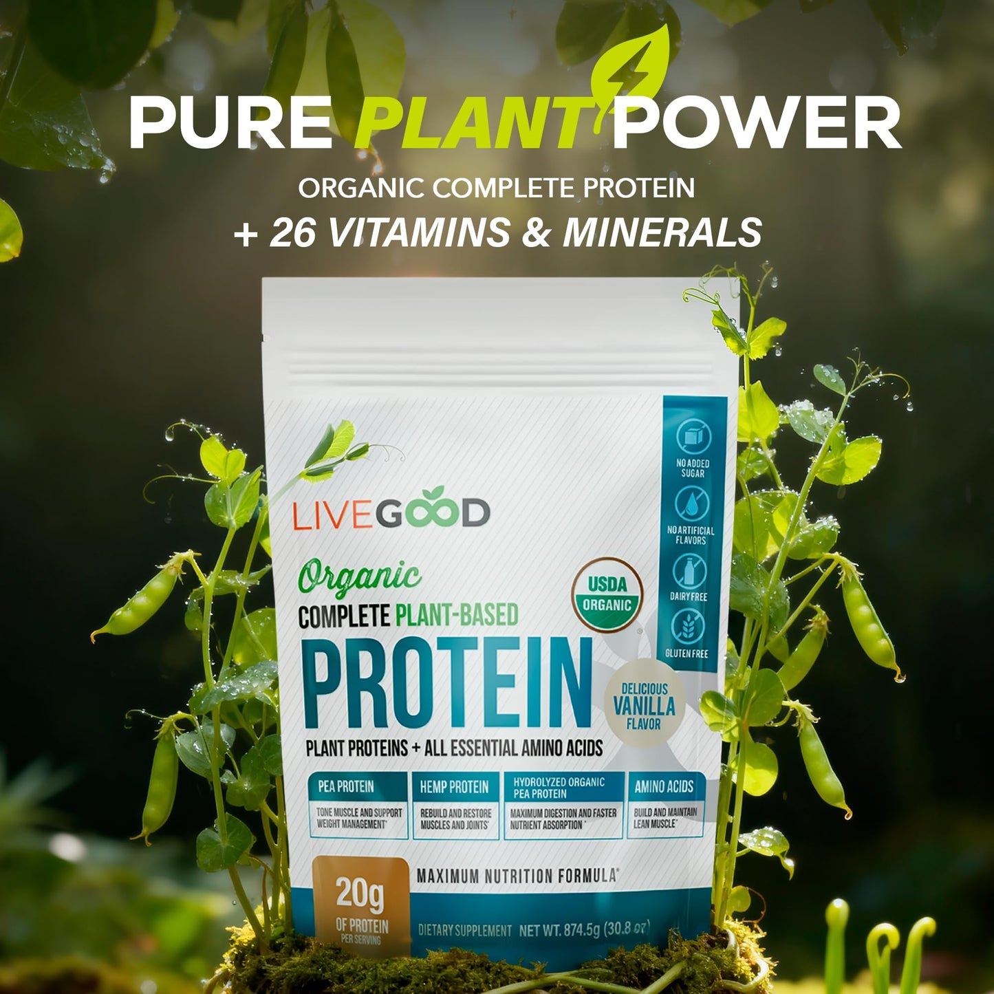 LIVEGOOD Complete Plant Based Protein Powder with Organic Pea Protein and Essential Amino Acids for Muscle Support, Recovery, Energy and Daily Nutrition, Vanilla Protein Supplement (30 Servings)